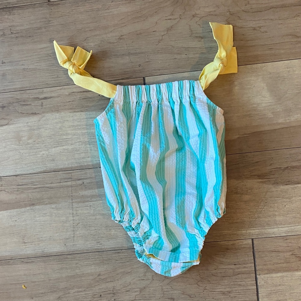 Tia Cibani Kids Striped Baby Romper with Yellow Straps